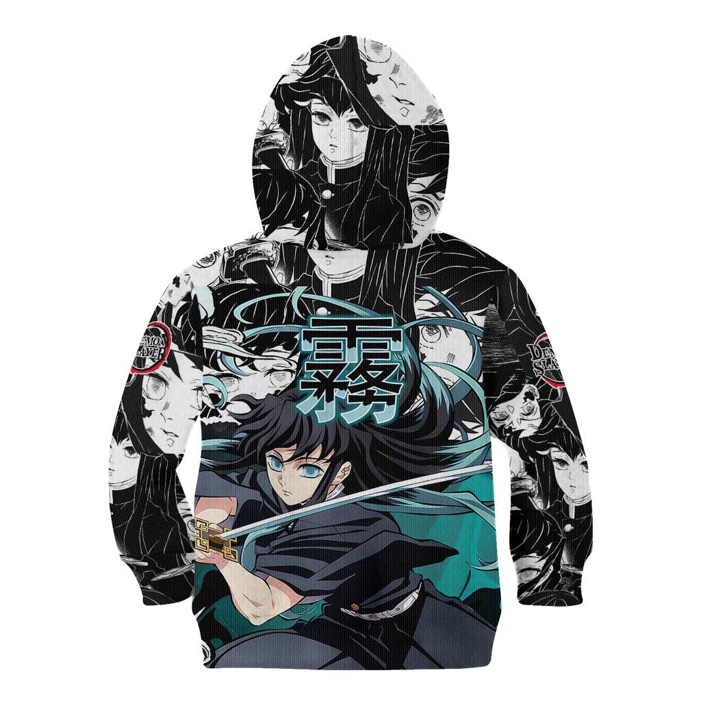 Muichiro Tokito Demon Slayer Mist Hashira Design Kid Hoodie with Manga Panels and Teal Sword Art - The Mazicc