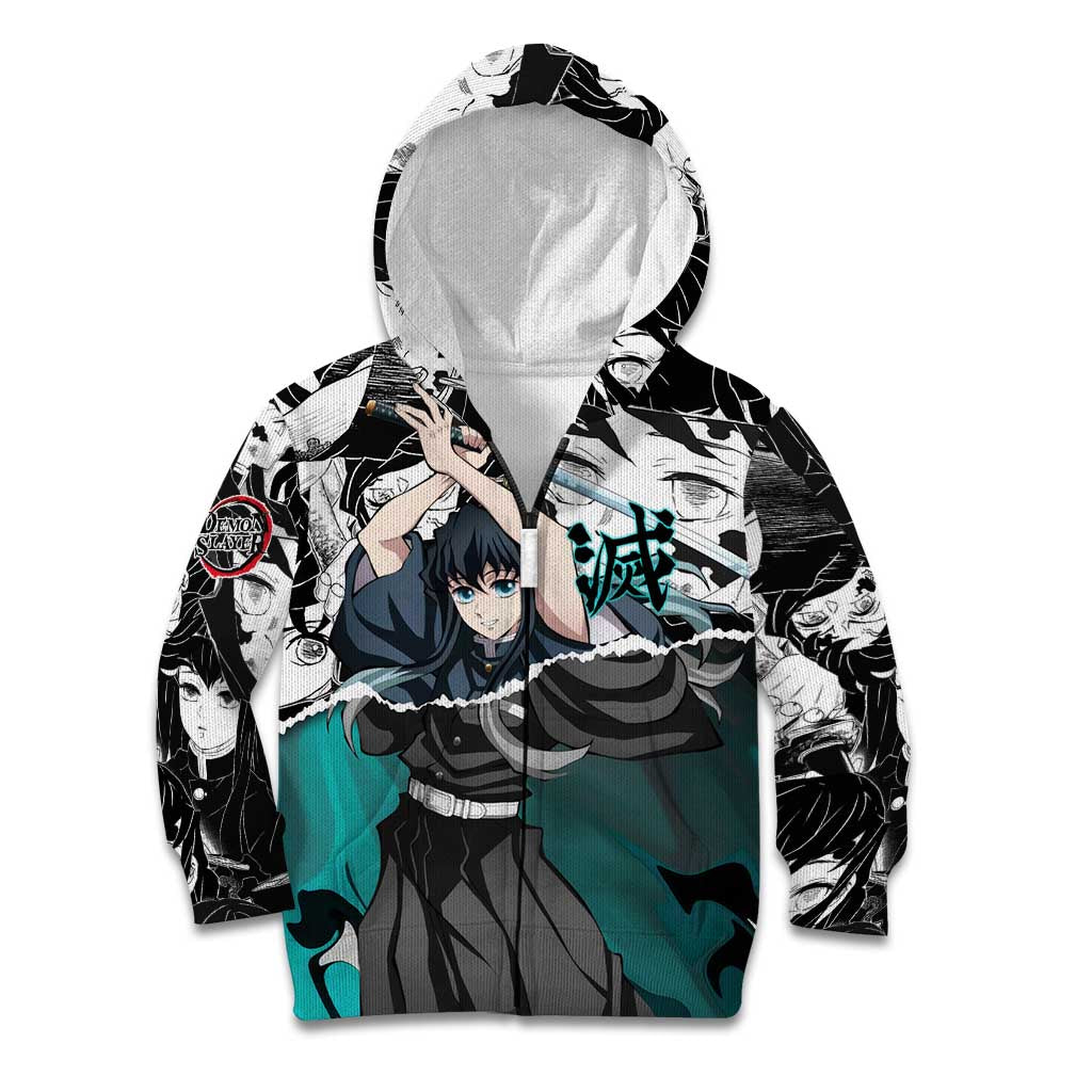 Muichiro Tokito Demon Slayer Mist Hashira Design Kid Hoodie with Manga Panels and Teal Sword Art - The Mazicc