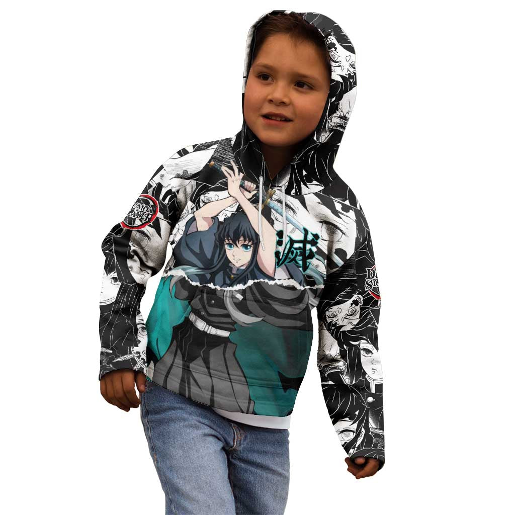 Muichiro Tokito Demon Slayer Mist Hashira Design Kid Hoodie with Manga Panels and Teal Sword Art - The Mazicc