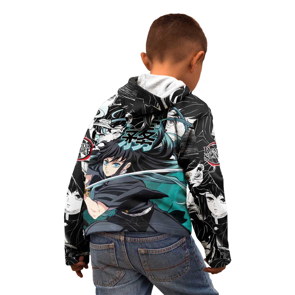 Muichiro Tokito Demon Slayer Mist Hashira Design Kid Hoodie with Manga Panels and Teal Sword Art - The Mazicc