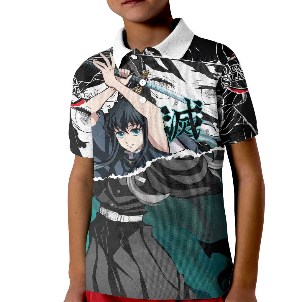 Muichiro Tokito Demon Slayer Mist Hashira Design Kid Polo Shirt with Manga Panels and Teal Sword Art - The Mazicc