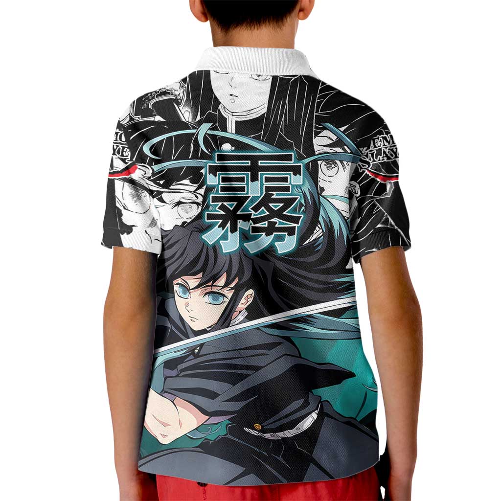 Muichiro Tokito Demon Slayer Mist Hashira Design Kid Polo Shirt with Manga Panels and Teal Sword Art - The Mazicc