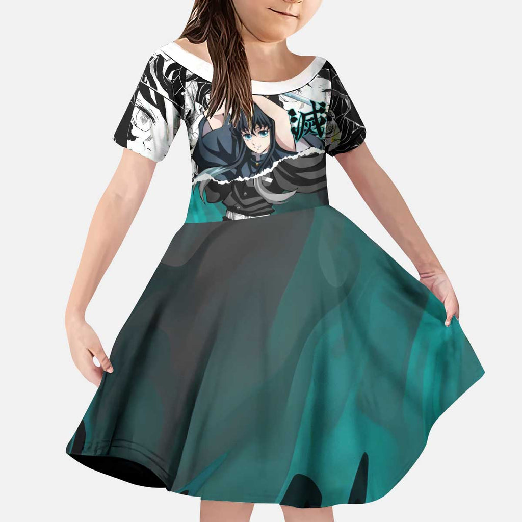 Muichiro Tokito Demon Slayer Mist Hashira Design Kid Short Sleeve Dress with Manga Panels and Teal Sword Art - The Mazicc