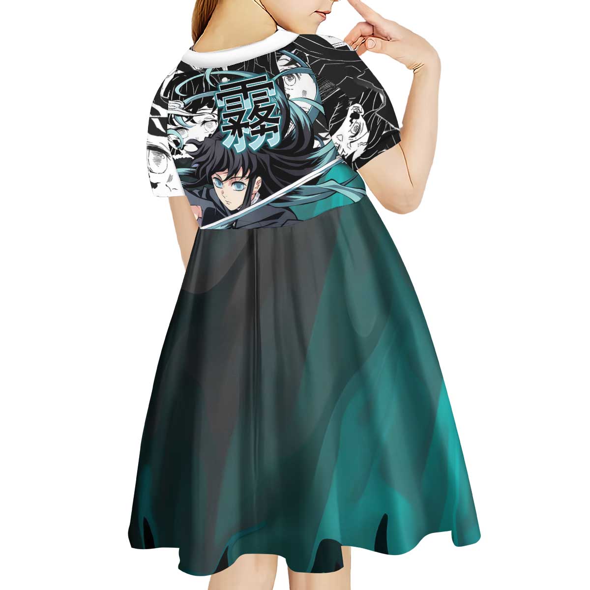 Muichiro Tokito Demon Slayer Mist Hashira Design Kid Short Sleeve Dress with Manga Panels and Teal Sword Art - The Mazicc