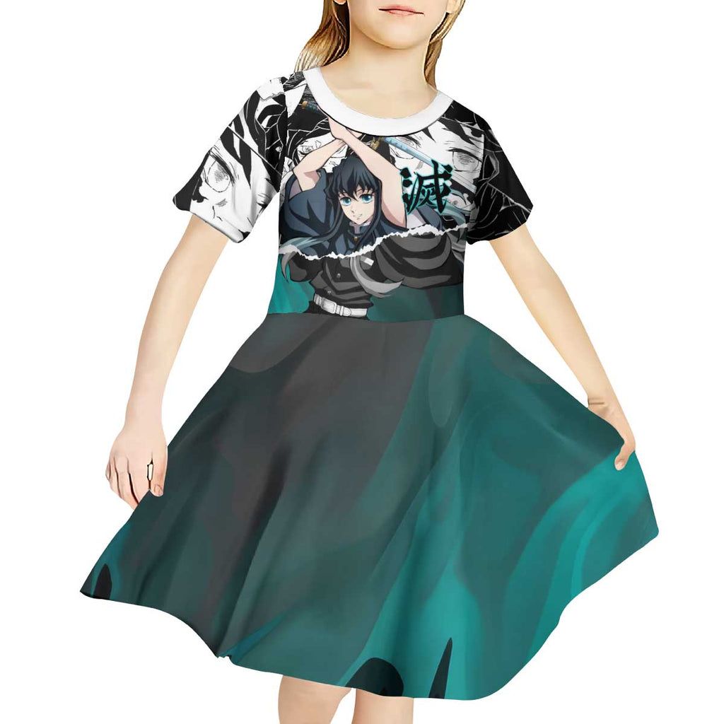 Muichiro Tokito Demon Slayer Mist Hashira Design Kid Short Sleeve Dress with Manga Panels and Teal Sword Art - The Mazicc