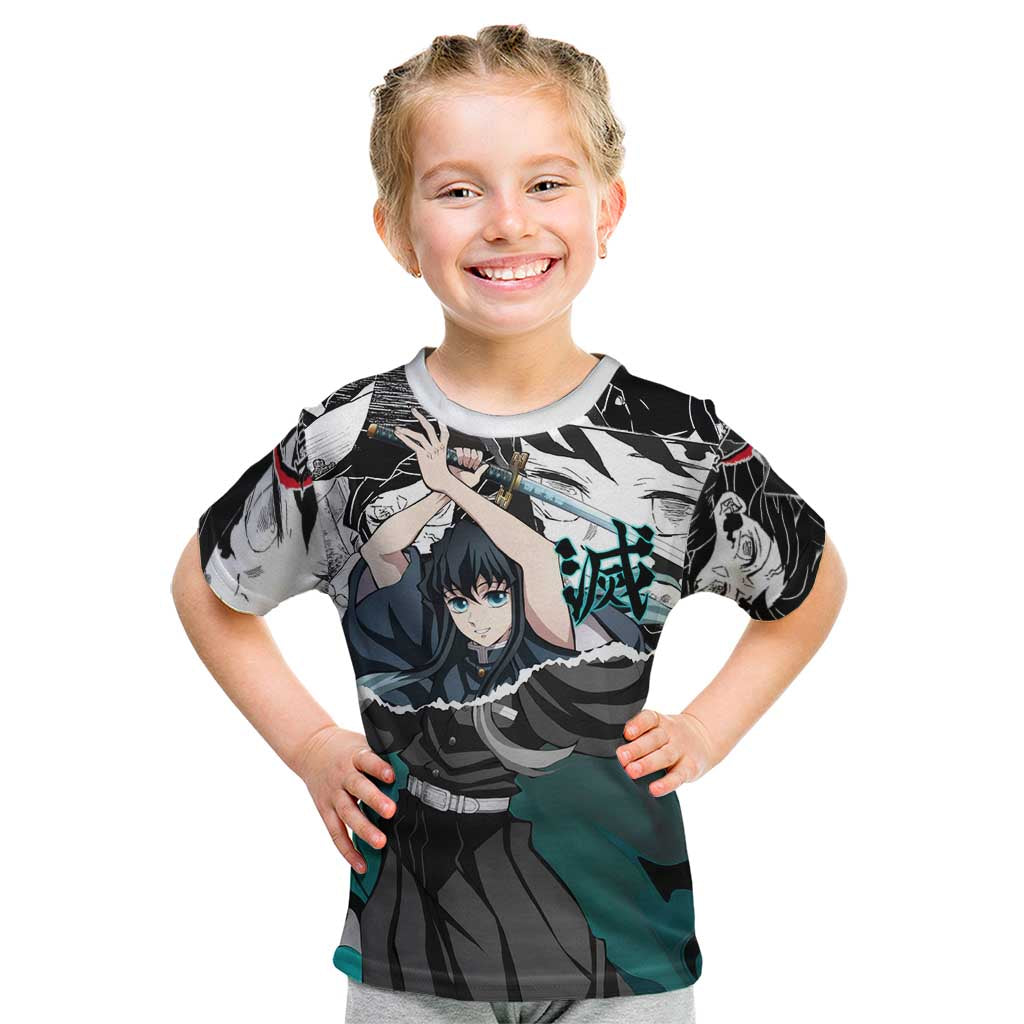 Muichiro Tokito Demon Slayer Mist Hashira Design Kid T Shirt with Manga Panels and Teal Sword Art - The Mazicc