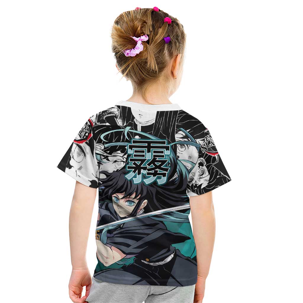 Muichiro Tokito Demon Slayer Mist Hashira Design Kid T Shirt with Manga Panels and Teal Sword Art - The Mazicc