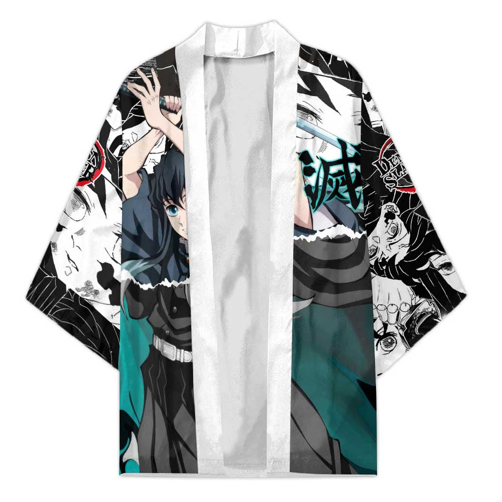 Muichiro Tokito Demon Slayer Mist Hashira Design Kimono with Manga Panels and Teal Sword Art - The Mazicc