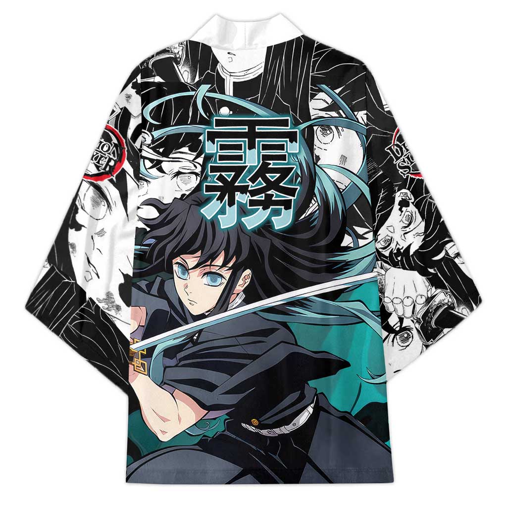 Muichiro Tokito Demon Slayer Mist Hashira Design Kimono with Manga Panels and Teal Sword Art - The Mazicc