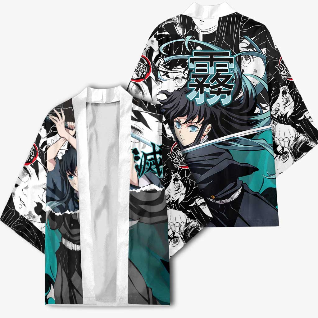 Muichiro Tokito Demon Slayer Mist Hashira Design Kimono with Manga Panels and Teal Sword Art - The Mazicc