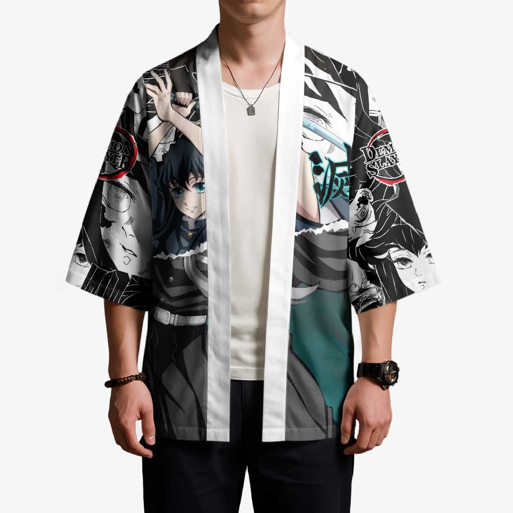 Muichiro Tokito Demon Slayer Mist Hashira Design Kimono with Manga Panels and Teal Sword Art - The Mazicc