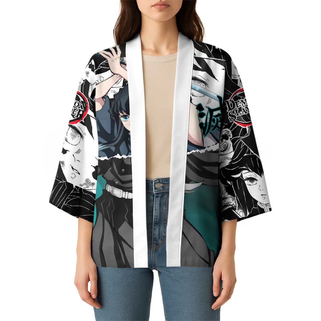 Muichiro Tokito Demon Slayer Mist Hashira Design Kimono with Manga Panels and Teal Sword Art - The Mazicc
