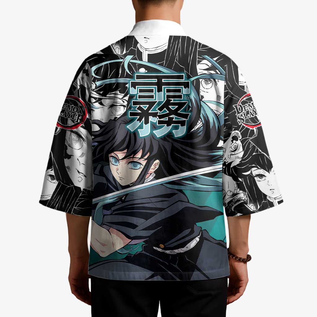 Muichiro Tokito Demon Slayer Mist Hashira Design Kimono with Manga Panels and Teal Sword Art - The Mazicc