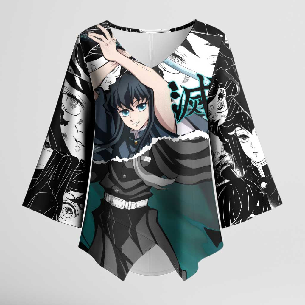 Muichiro Tokito Demon Slayer Mist Hashira Design Kimono Sleeve Blouse with Manga Panels and Teal Sword Art - The Mazicc