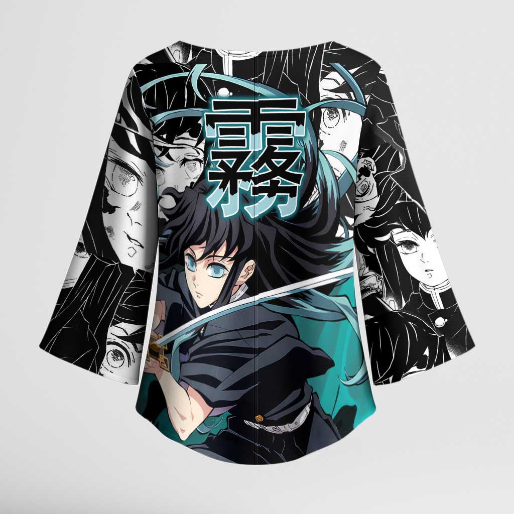 Muichiro Tokito Demon Slayer Mist Hashira Design Kimono Sleeve Blouse with Manga Panels and Teal Sword Art - The Mazicc