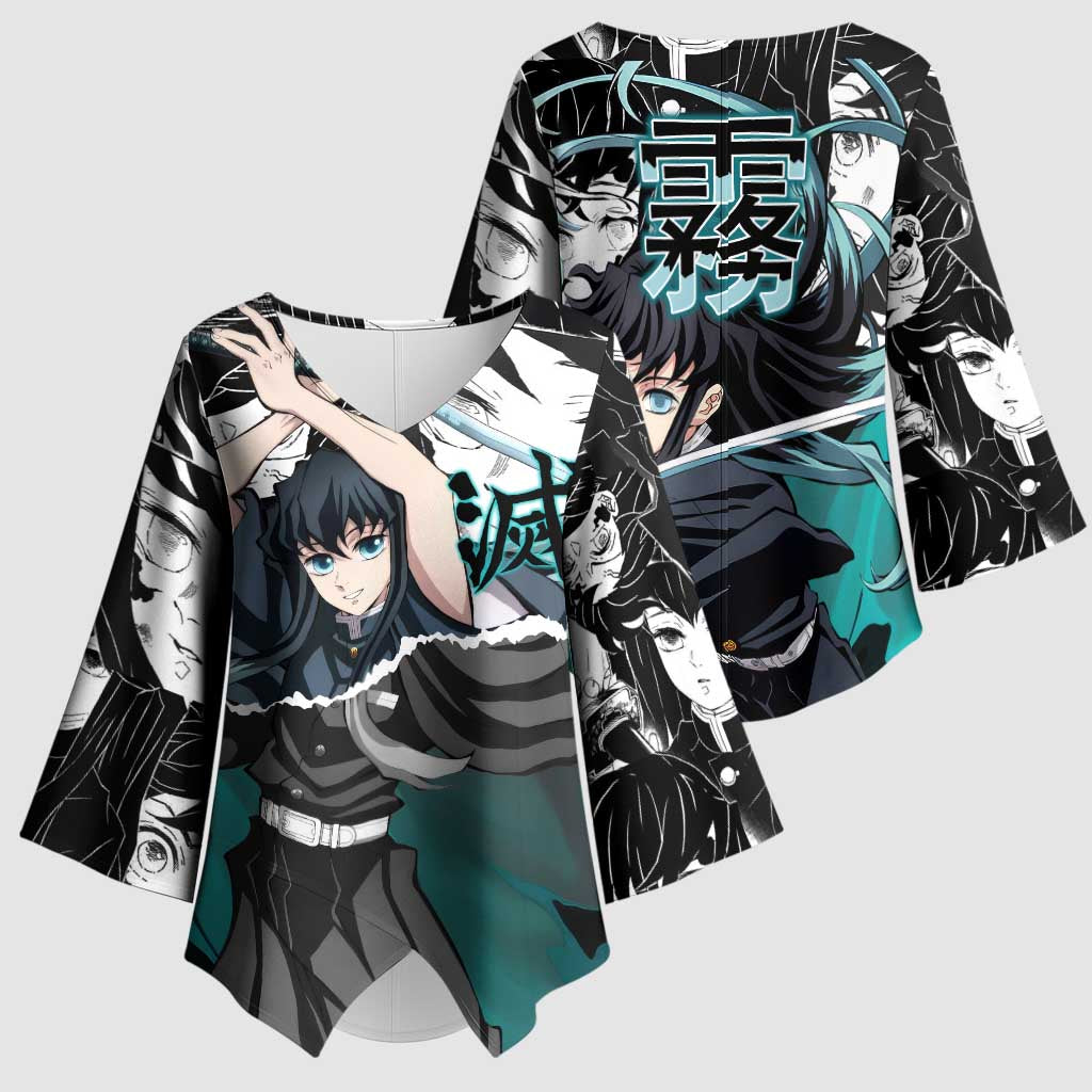 Muichiro Tokito Demon Slayer Mist Hashira Design Kimono Sleeve Blouse with Manga Panels and Teal Sword Art - The Mazicc
