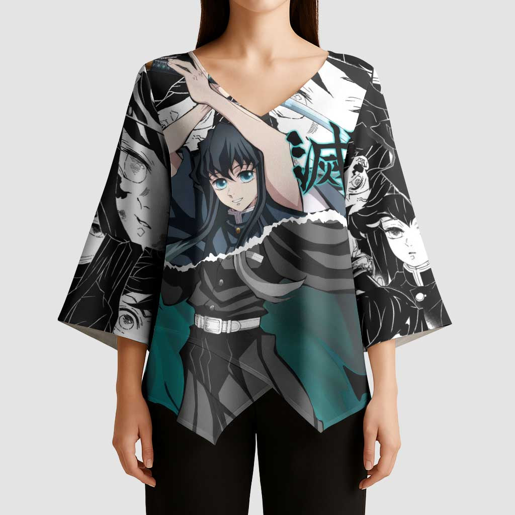 Muichiro Tokito Demon Slayer Mist Hashira Design Kimono Sleeve Blouse with Manga Panels and Teal Sword Art - The Mazicc