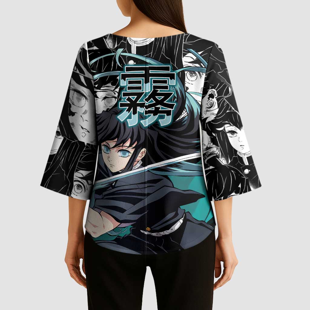 Muichiro Tokito Demon Slayer Mist Hashira Design Kimono Sleeve Blouse with Manga Panels and Teal Sword Art - The Mazicc