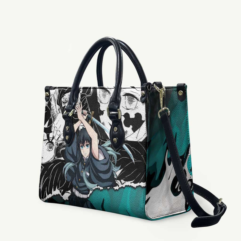 Muichiro Tokito Demon Slayer Mist Hashira Design Leather Bag with Manga Panels and Teal Sword Art - The Mazicc