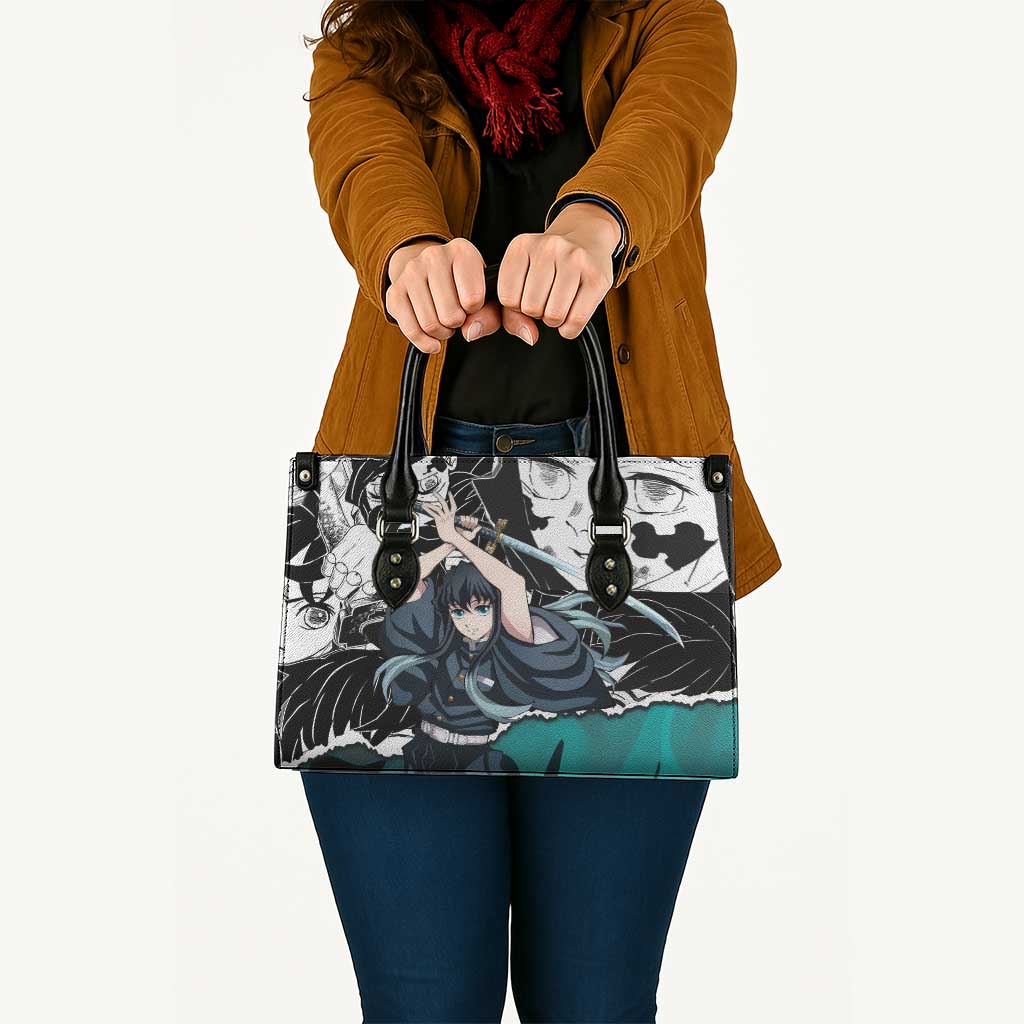 Muichiro Tokito Demon Slayer Mist Hashira Design Leather Bag with Manga Panels and Teal Sword Art - The Mazicc