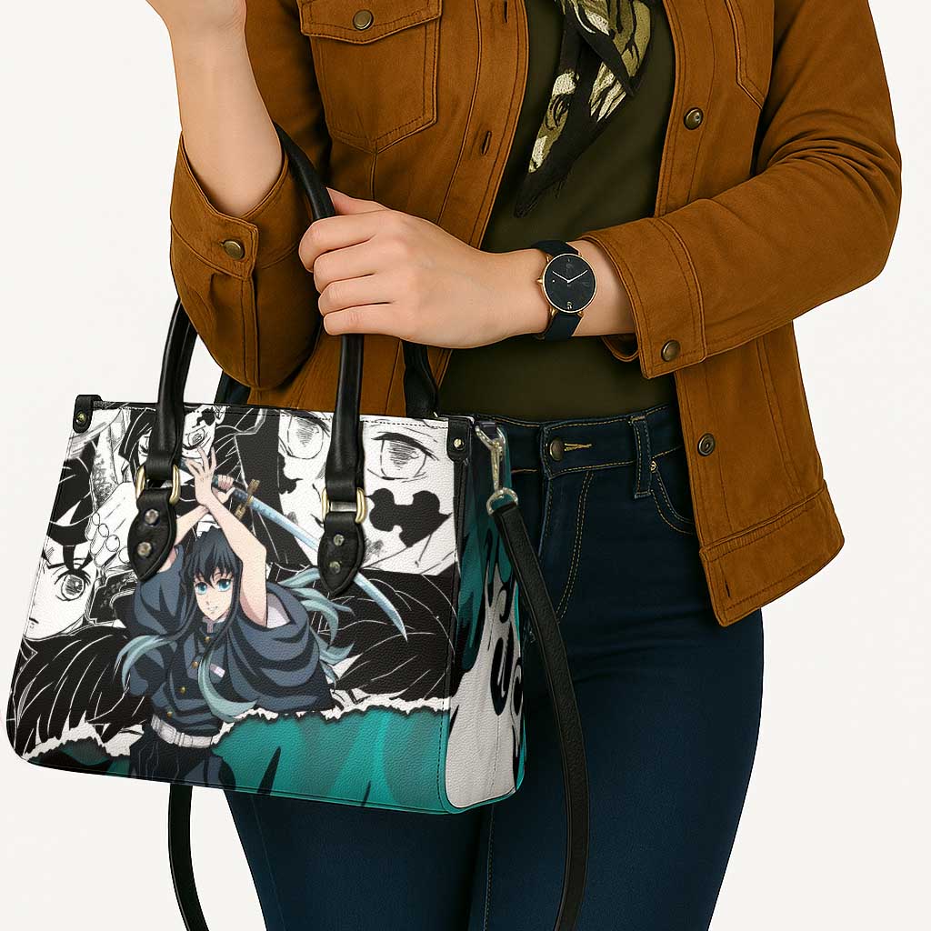 Muichiro Tokito Demon Slayer Mist Hashira Design Leather Bag with Manga Panels and Teal Sword Art - The Mazicc