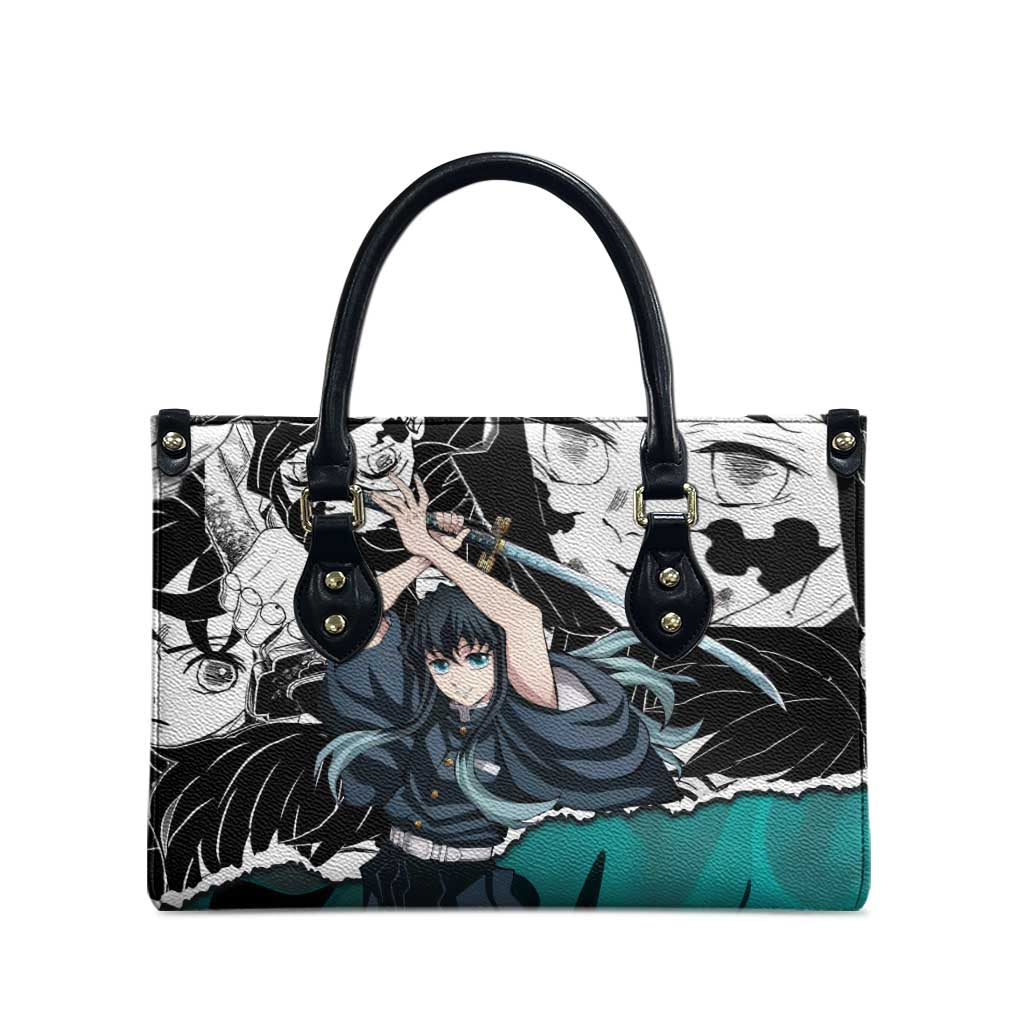 Muichiro Tokito Demon Slayer Mist Hashira Design Leather Bag with Manga Panels and Teal Sword Art - The Mazicc