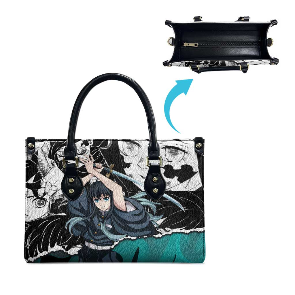Muichiro Tokito Demon Slayer Mist Hashira Design Leather Bag with Manga Panels and Teal Sword Art - The Mazicc