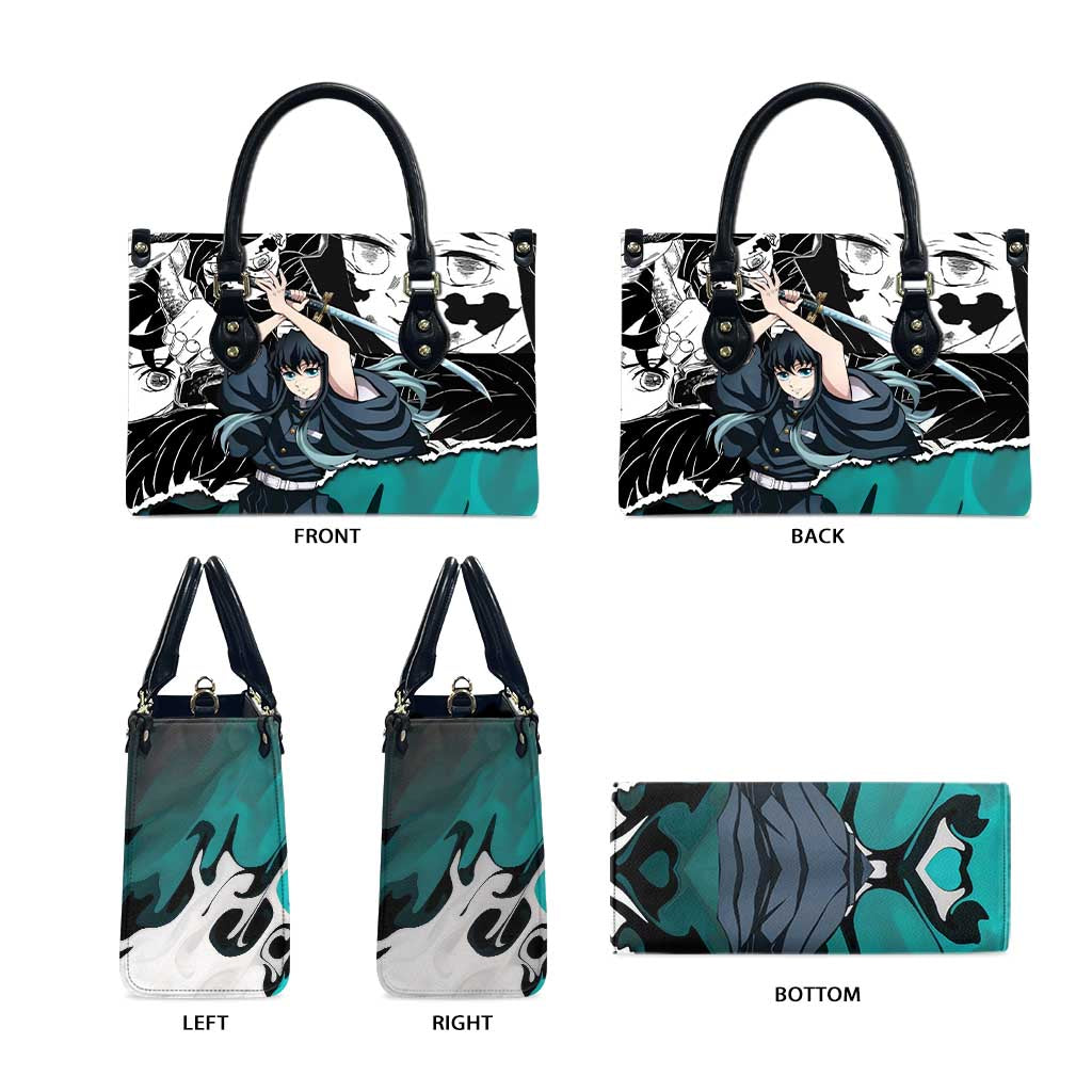 Muichiro Tokito Demon Slayer Mist Hashira Design Leather Bag with Manga Panels and Teal Sword Art - The Mazicc