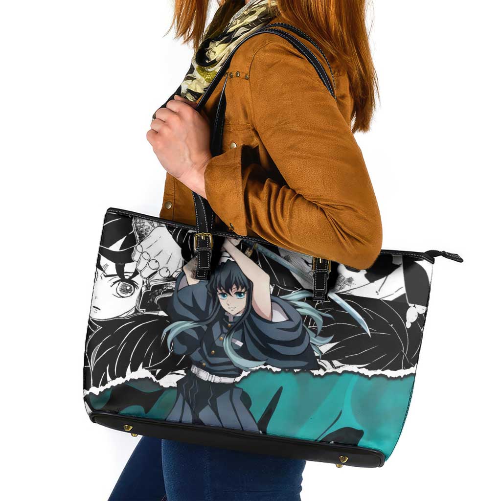 Muichiro Tokito Demon Slayer Mist Hashira Design Leather Tote Bag with Manga Panels and Teal Sword Art - The Mazicc