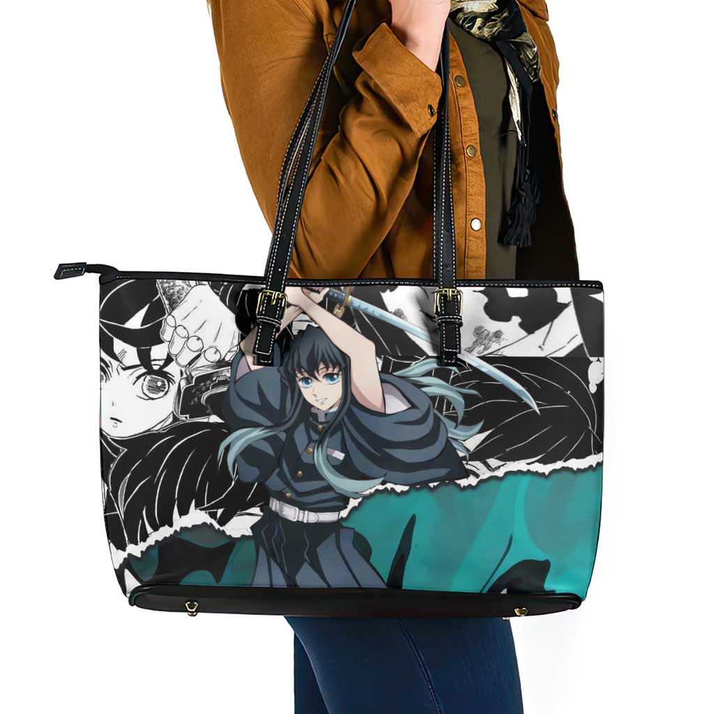 Muichiro Tokito Demon Slayer Mist Hashira Design Leather Tote Bag with Manga Panels and Teal Sword Art - The Mazicc