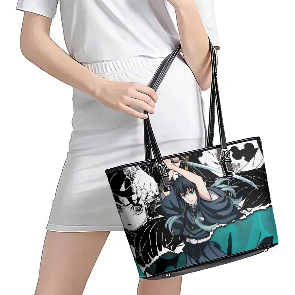 Muichiro Tokito Demon Slayer Mist Hashira Design Leather Tote Bag with Manga Panels and Teal Sword Art - The Mazicc