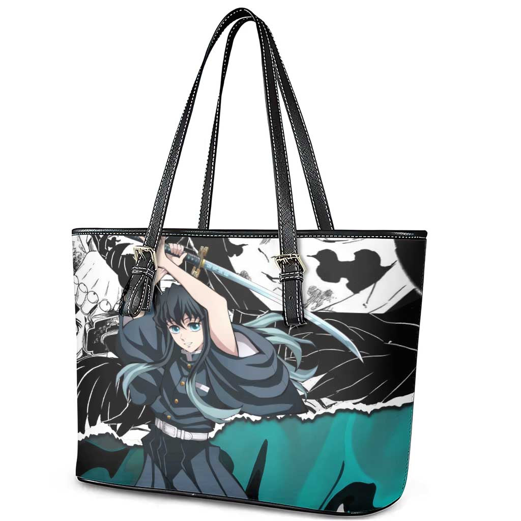 Muichiro Tokito Demon Slayer Mist Hashira Design Leather Tote Bag with Manga Panels and Teal Sword Art - The Mazicc