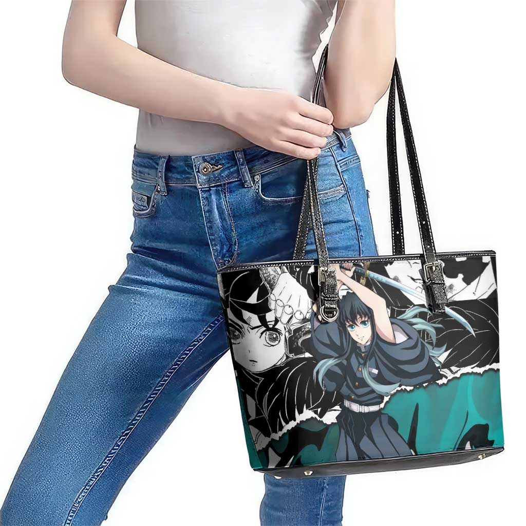 Muichiro Tokito Demon Slayer Mist Hashira Design Leather Tote Bag with Manga Panels and Teal Sword Art - The Mazicc