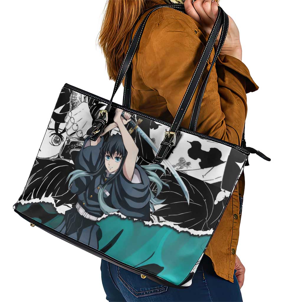 Muichiro Tokito Demon Slayer Mist Hashira Design Leather Tote Bag with Manga Panels and Teal Sword Art - The Mazicc