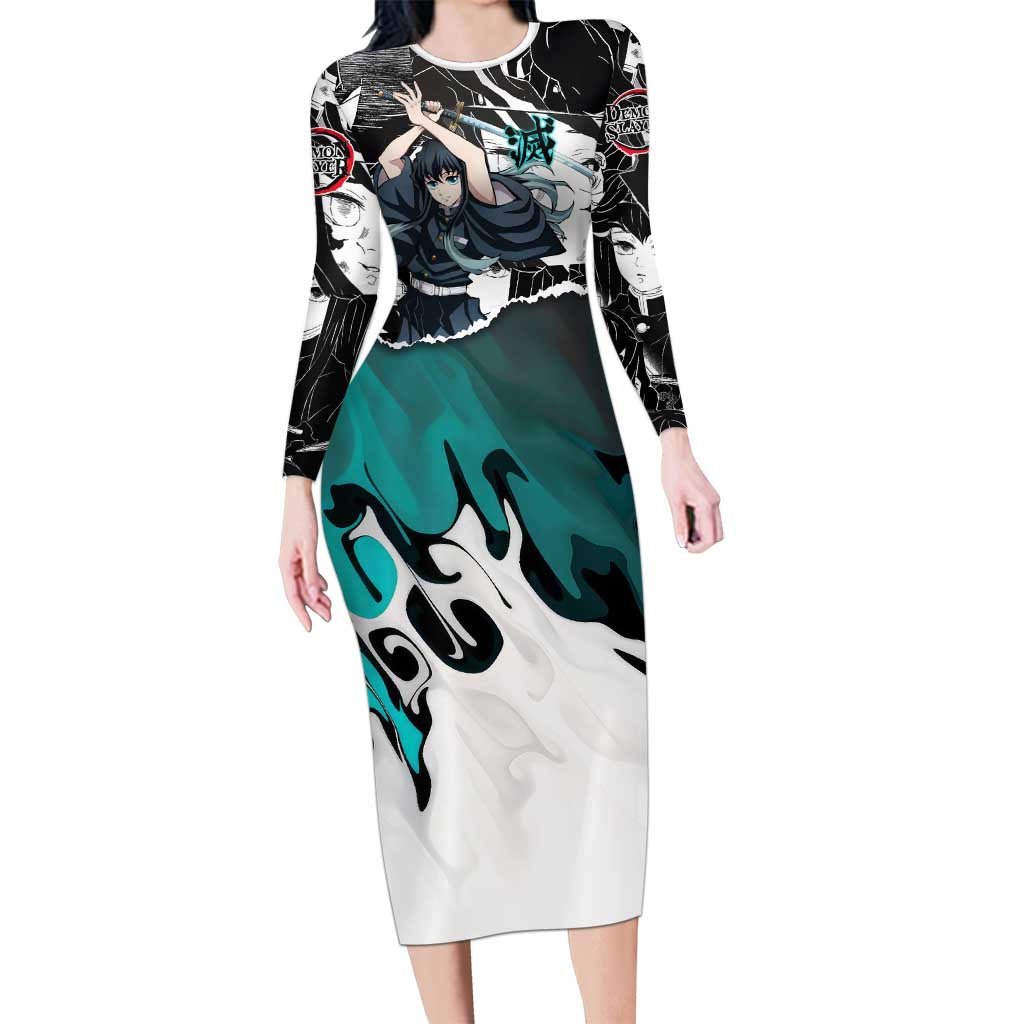 Muichiro Tokito Demon Slayer Mist Hashira Design Long Sleeve Bodycon Dress with Manga Panels and Teal Sword Art - The Mazicc