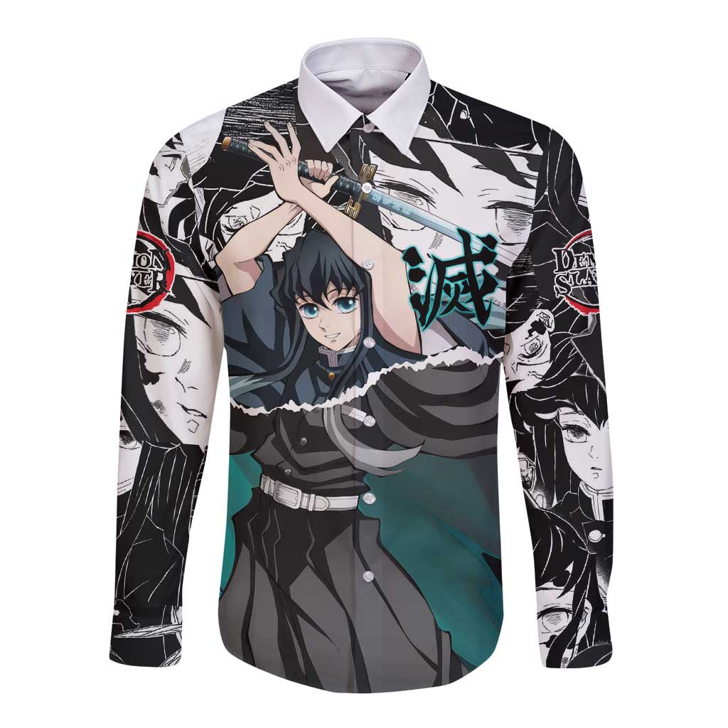 Muichiro Tokito Demon Slayer Mist Hashira Design Long Sleeve Button Shirt with Manga Panels and Teal Sword Art - The Mazicc