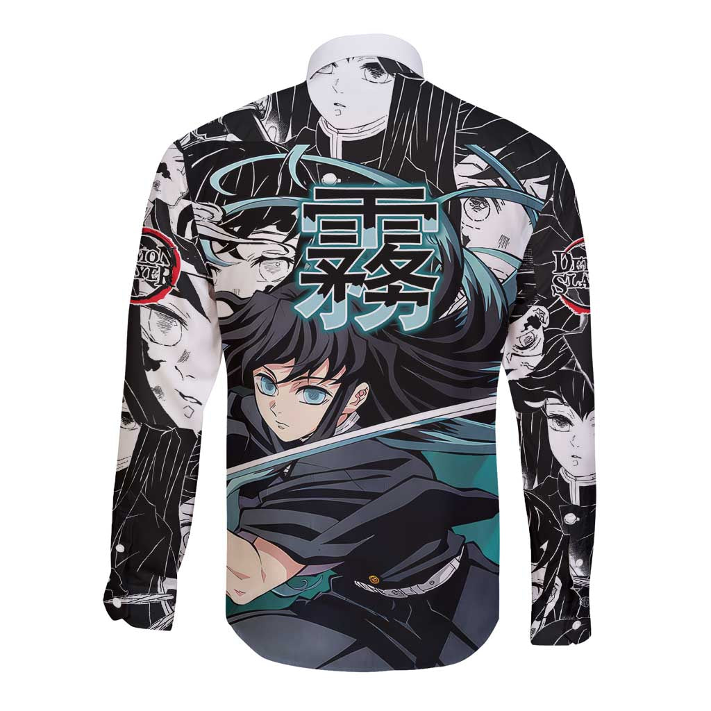 Muichiro Tokito Demon Slayer Mist Hashira Design Long Sleeve Button Shirt with Manga Panels and Teal Sword Art - The Mazicc