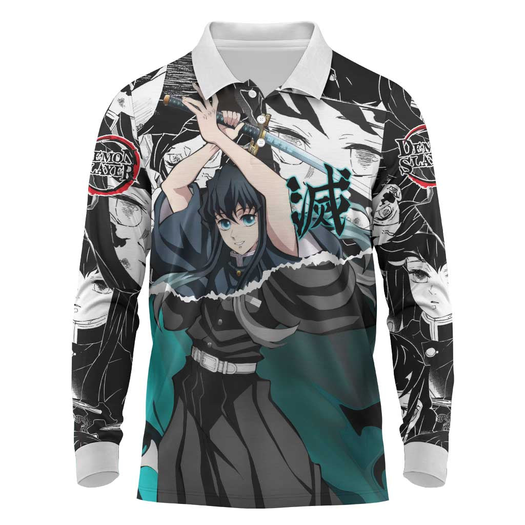 Muichiro Tokito Demon Slayer Mist Hashira Design Long Sleeve Polo Shirt with Manga Panels and Teal Sword Art - The Mazicc