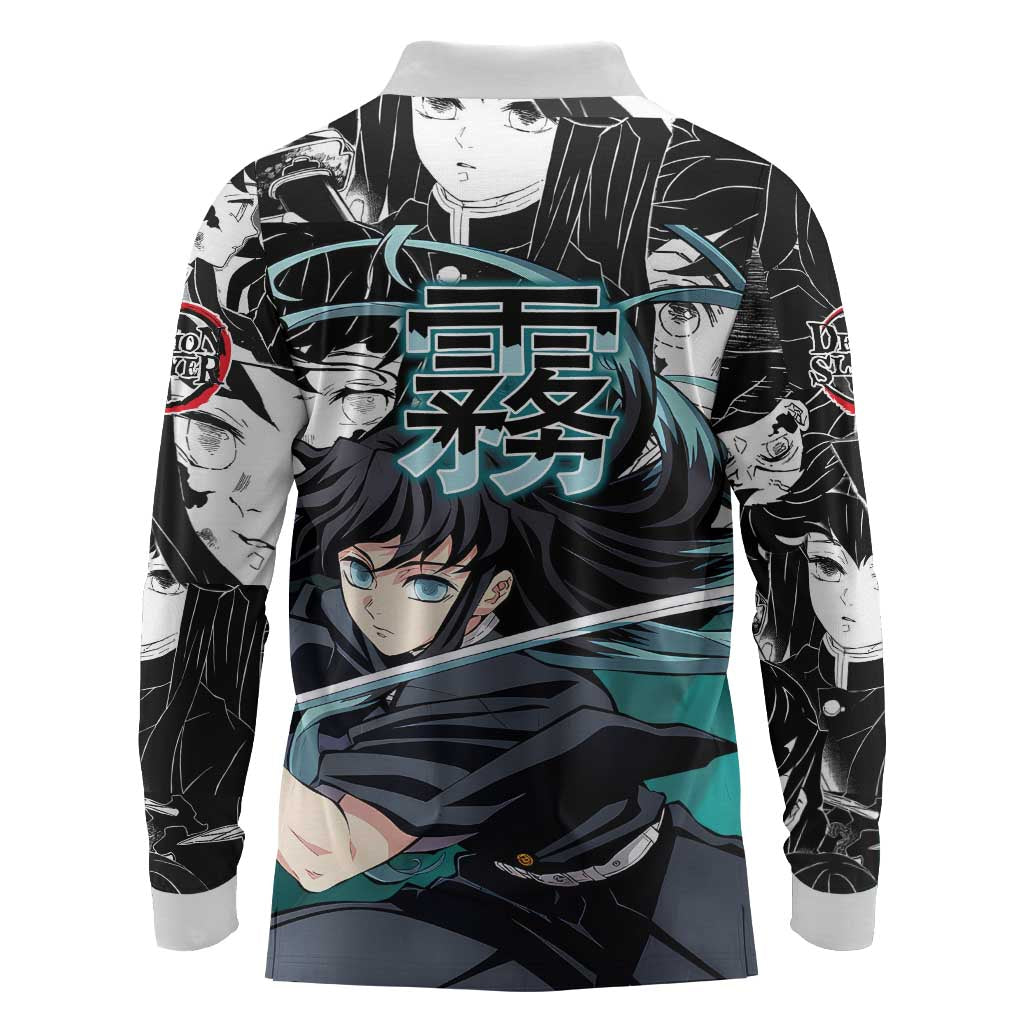 Muichiro Tokito Demon Slayer Mist Hashira Design Long Sleeve Polo Shirt with Manga Panels and Teal Sword Art - The Mazicc