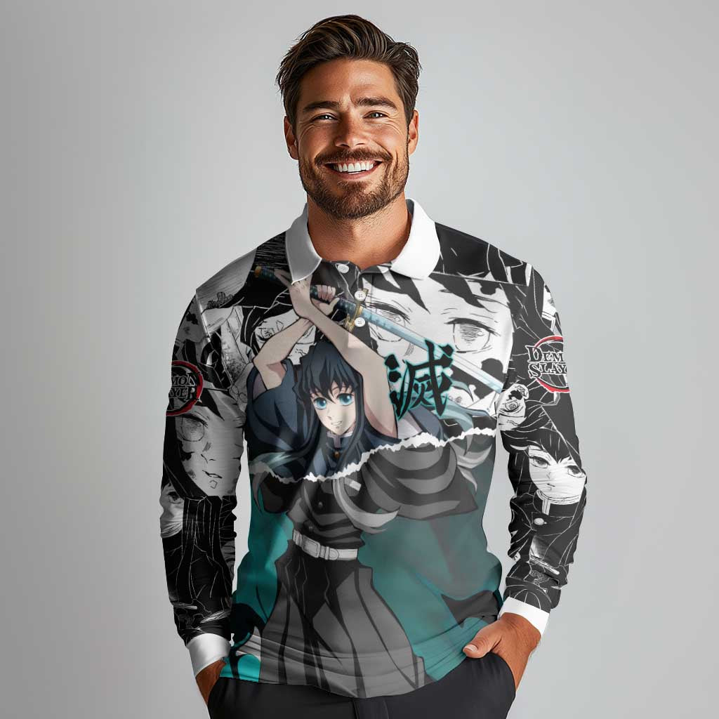 Muichiro Tokito Demon Slayer Mist Hashira Design Long Sleeve Polo Shirt with Manga Panels and Teal Sword Art - The Mazicc