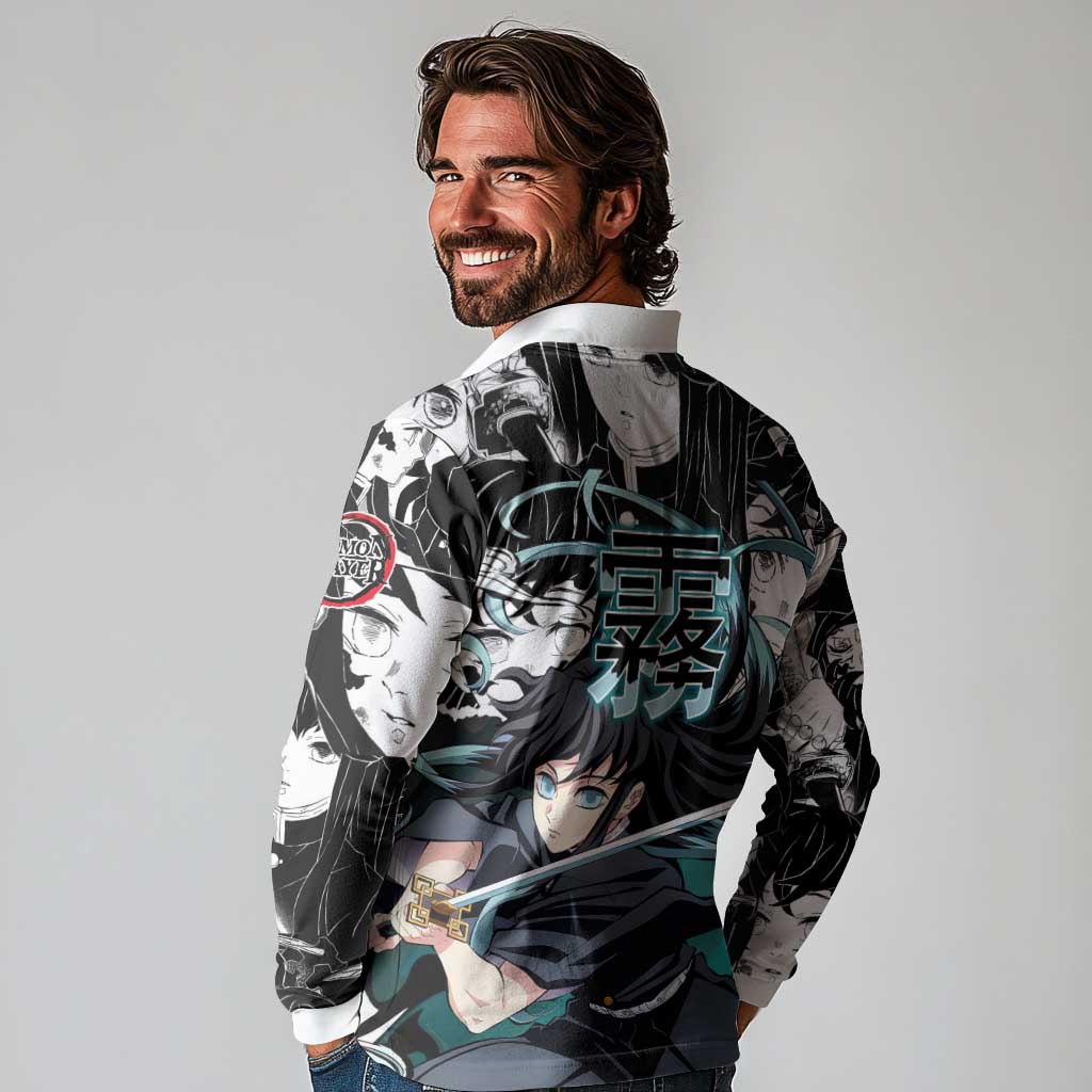 Muichiro Tokito Demon Slayer Mist Hashira Design Long Sleeve Polo Shirt with Manga Panels and Teal Sword Art - The Mazicc