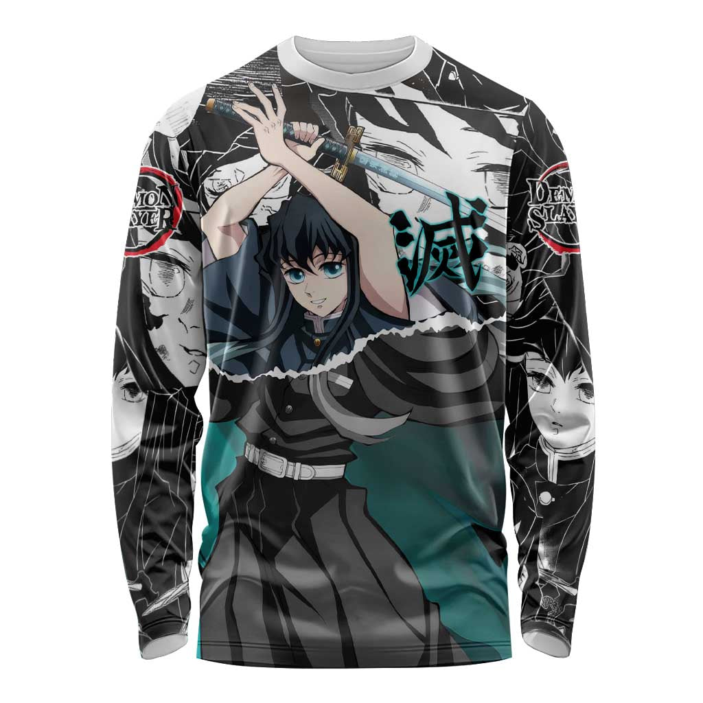 Muichiro Tokito Demon Slayer Mist Hashira Design Long Sleeve Shirt with Manga Panels and Teal Sword Art - The Mazicc