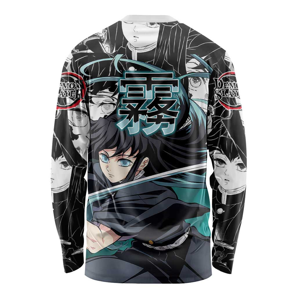 Muichiro Tokito Demon Slayer Mist Hashira Design Long Sleeve Shirt with Manga Panels and Teal Sword Art - The Mazicc