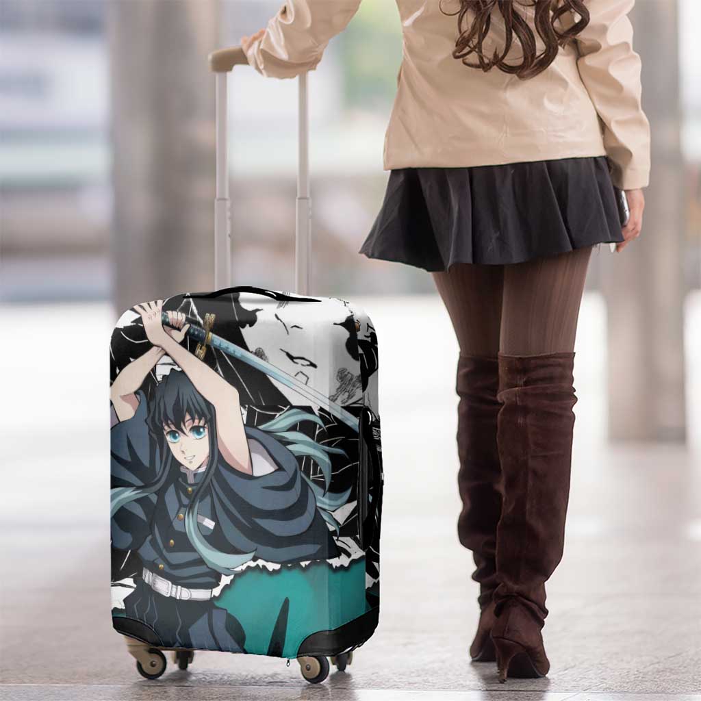 Muichiro Tokito Demon Slayer Mist Hashira Design Luggage Cover with Manga Panels and Teal Sword Art - The Mazicc