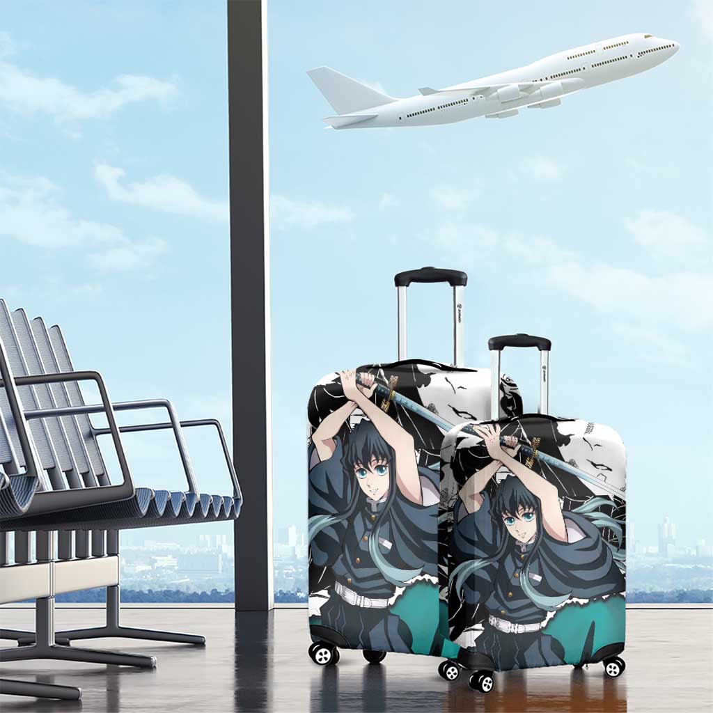 Muichiro Tokito Demon Slayer Mist Hashira Design Luggage Cover with Manga Panels and Teal Sword Art - The Mazicc