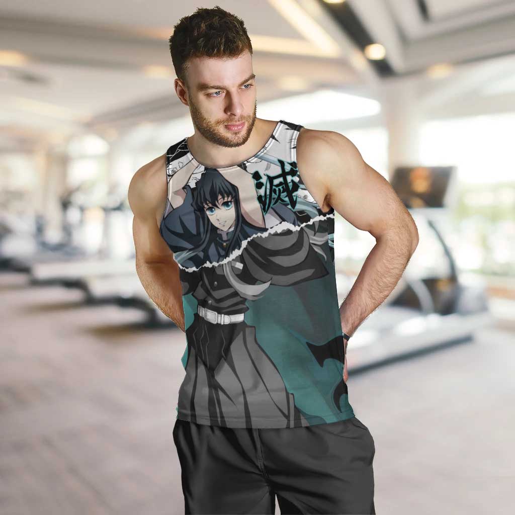 Muichiro Tokito Demon Slayer Mist Hashira Design Men Tank Top with Manga Panels and Teal Sword Art - The Mazicc