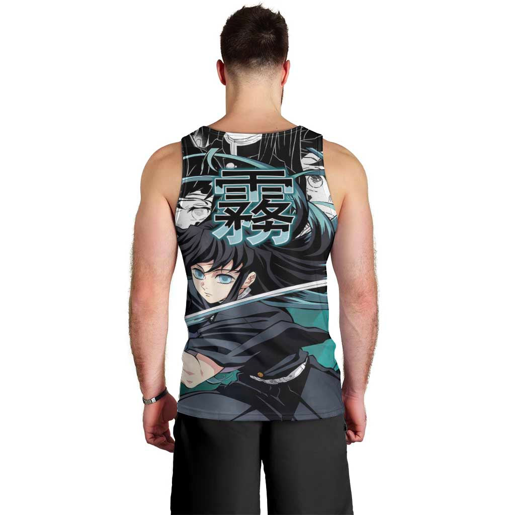 Muichiro Tokito Demon Slayer Mist Hashira Design Men Tank Top with Manga Panels and Teal Sword Art - The Mazicc