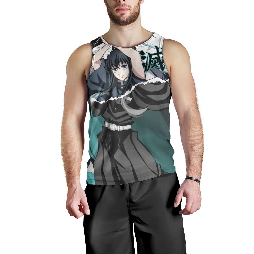 Muichiro Tokito Demon Slayer Mist Hashira Design Men Tank Top with Manga Panels and Teal Sword Art - The Mazicc