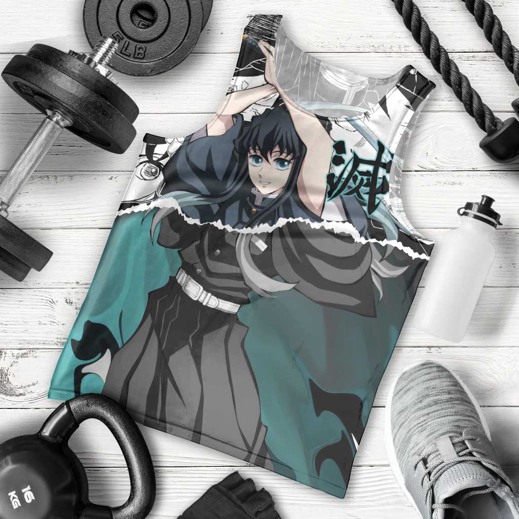 Muichiro Tokito Demon Slayer Mist Hashira Design Men Tank Top with Manga Panels and Teal Sword Art - The Mazicc