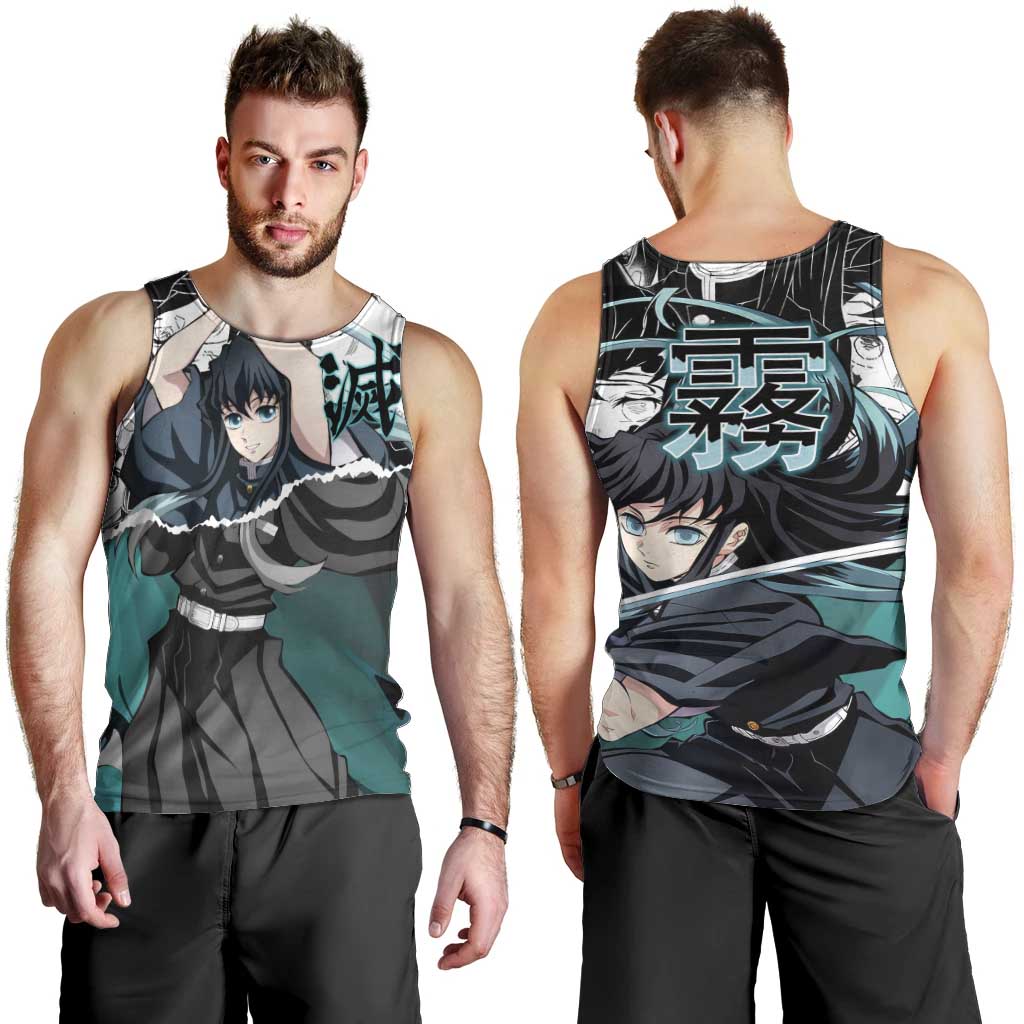 Muichiro Tokito Demon Slayer Mist Hashira Design Men Tank Top with Manga Panels and Teal Sword Art - The Mazicc
